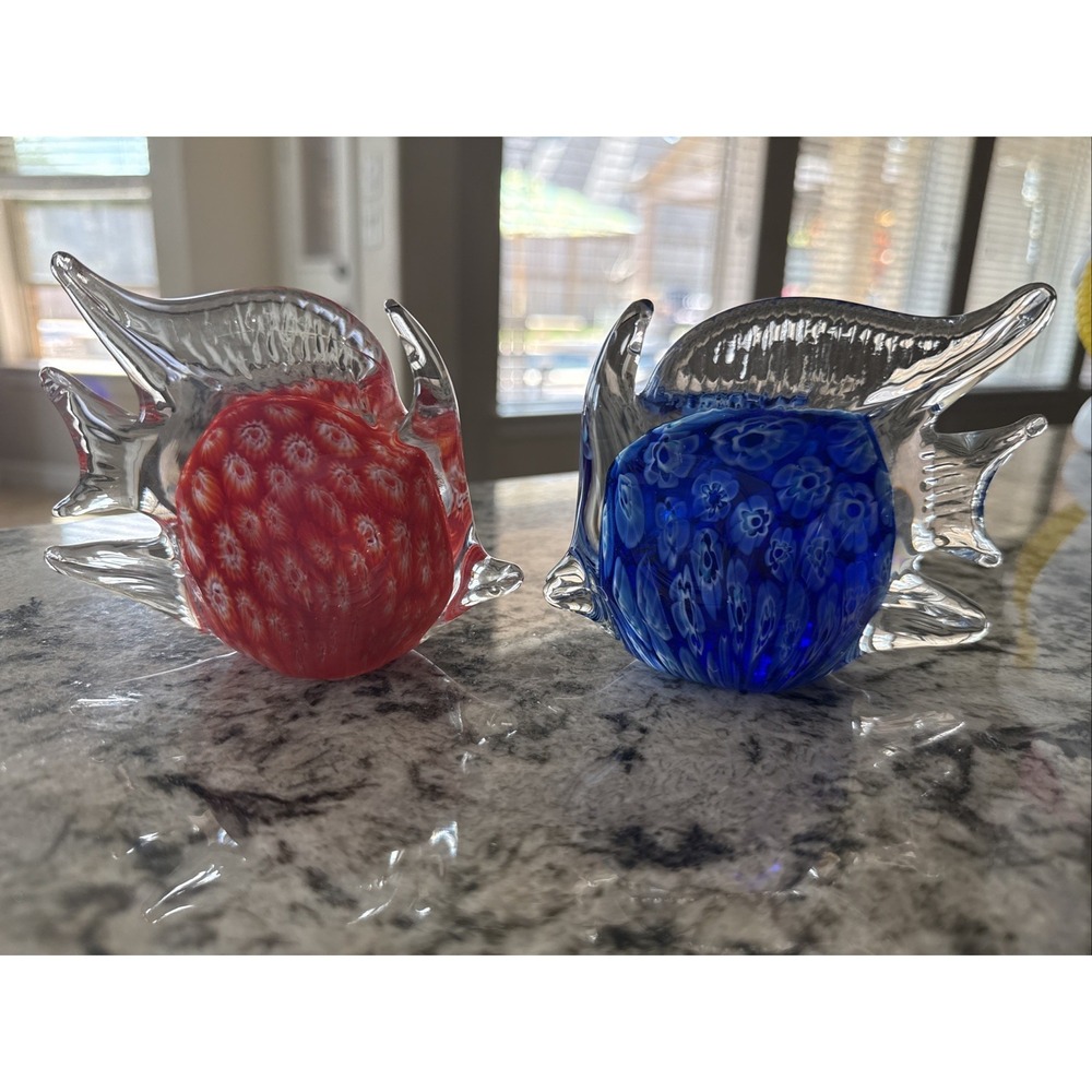 2 VTG Hand Blown Art Glass Angel Fish Paperweight Sculptures Blue Orange